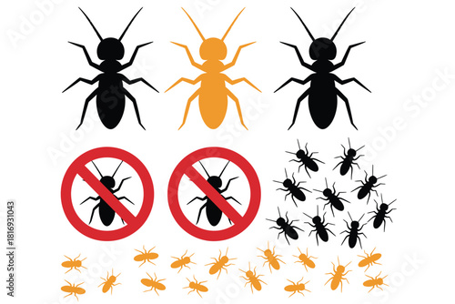 Termite pest control and infestation symbols and illustrations