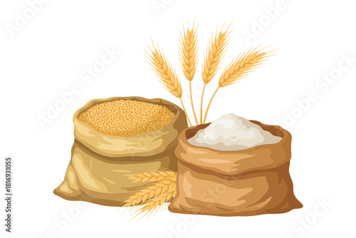 Two burlap sacks filled with grain and flour with wheat stalks