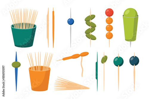 Collection of assorted skewers and toothpicks for food preparation and presentation