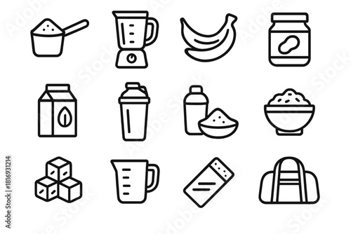 Protein Smoothie Icons. Protein Smoothies linear icon set: protein powder scoop, blender, banana, peanut butter, almond milk, shaker bottle, cocoa powder, oats, ice cubes