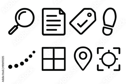 Evidence Icons Collection. Evidence Icons Set linear icon set: magnifying lens, document line, checkmark tag, footprint, data dot trail, clear window, clue marker, focus ring