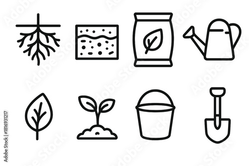 Agricultural Icons Set. Agricultural roots concept linear icon set: root system, soil structure, fertilizer bag, watering pot, leaf, seedling, bucket, shovel , natural agricultural