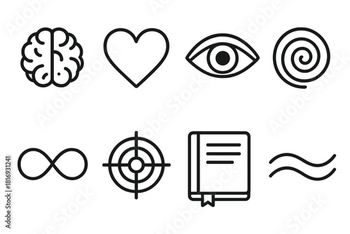 Mindful Icons Collection. Mindful Focus linear icon set: brain, heart icon, infinity loop, open eye, spiral, focus target, journal, gentle wave