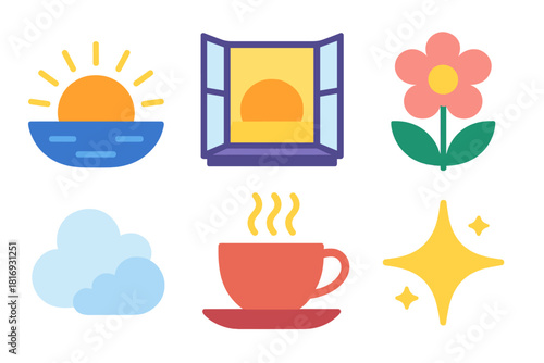 Vibrant Morning Icons. Peaceful Anticipation flat icon set : sunrise, open window, flower bloom, soft cloud, teacup, gentle sparkle