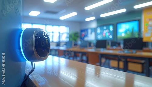 Surveillance Camera: A high-tech surveillance camera, mounted indoors, provides a sense of security and oversight within an open office. The modern device adds a layer of safety.