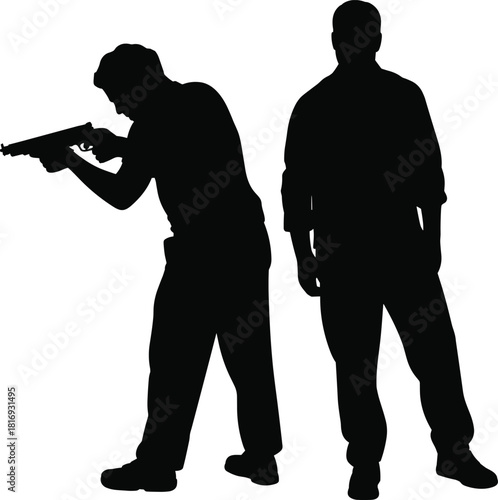 Silhouette figures representing security training, threat awareness, protective readiness, and safety demonstration in controlled instructional scenarios