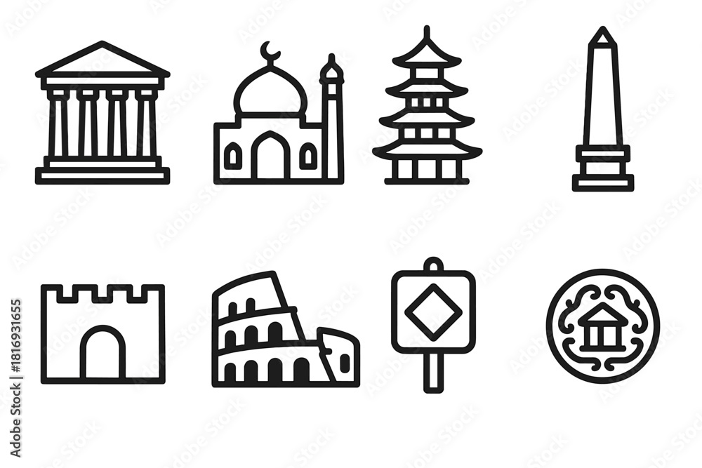 Fototapeta premium Cultural Heritage Icons. Cultural Heritage linear icon set. temple, mosque, pagoda, monument pillar, fortress wall, amphitheater, landmark sign, heritage plaque