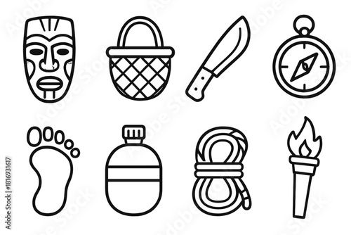 Jungle Essentials Icons. Jungle objects linear icon set: wooden mask, woven basket, machete, compass, footprint, water canteen, rope coil, torch