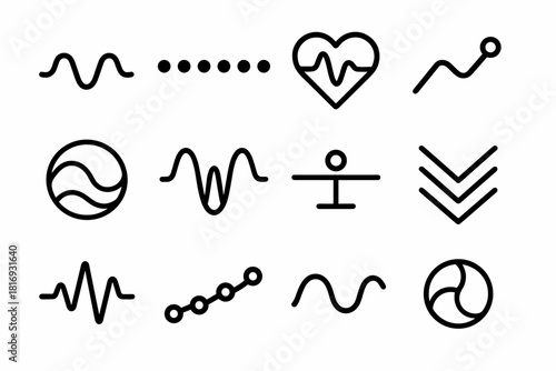 Life Rhythm Icons. Life Rhythm Icons linear icon set: breathing wave, daily cadence dots, mindful pulse, steady stride line, lifestyle flow icon, emotional rhythm curve, balance