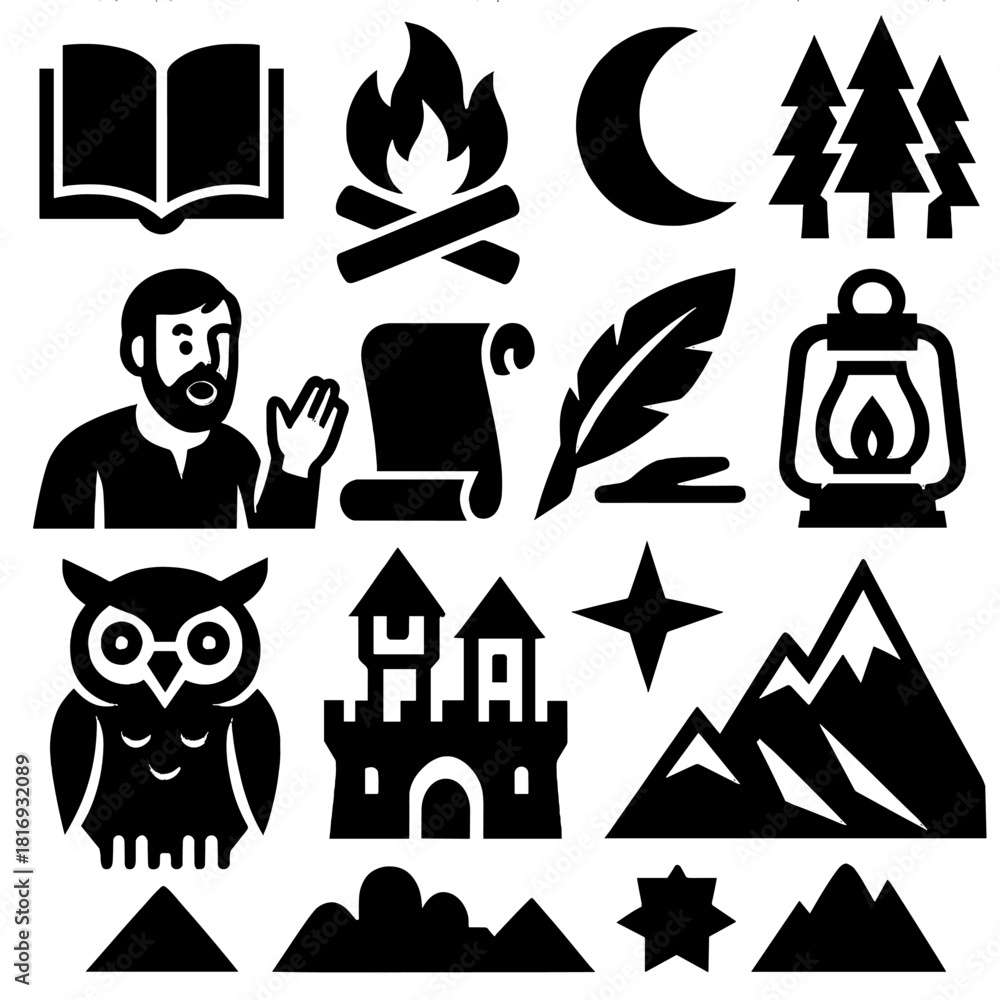Fototapeta premium Folk Tale Icons. Folk tales silhouette icon set. open book, campfire, moon, forest, storyteller, quill, scroll, lantern, owl, castle, star, mountain