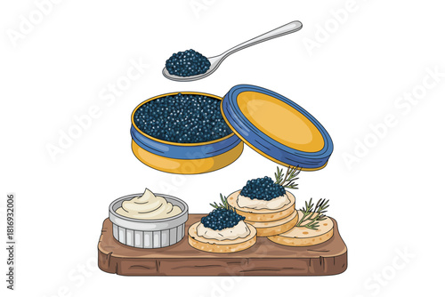 Delicate caviar appetizers with cream cheese and herbs on wooden board