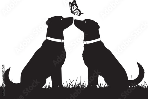 Two black lab silhouettes facing each other with a butterfly on their noses