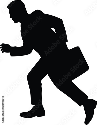 Silhouette of business man running with briefcase, urgency speed action corporate rush concept isolated on white background