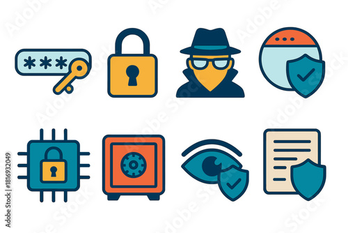 Cybersecurity Icon Set. Online Security Essentials flat icon set: password key, padlock, hidden identity, safe browser, encryption chip, data vault, eye shield, privacy policy