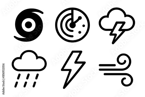 Weather Icon Set. Storm Watch linear icon set: hurricane symbol, radar, cloud, lightning bolt, rain, wind swirl