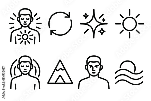 Vital Energy Icons. Energy Breathing linear icon set: radiant chest, circular arrows, vitality spark, sun symbol, balanced aura, mountain peak, focused eyes, harmony wave