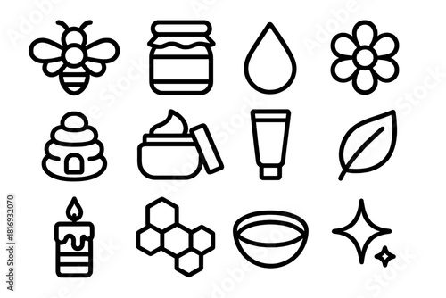 Honey and Bee Icons. Propolis and Honey Care linear icon set. bee, jar, droplet, flower, wax, cream pot, tube, leaf, candle, honeycomb, bowl, sparkle