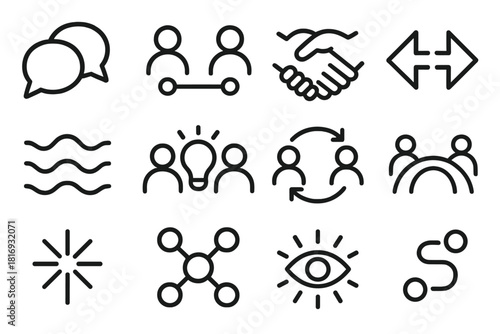 Mutual Understanding Icons. Mutual Understanding Icons linear icon set: shared dialogue bubble, connection line, empathy hands, aligned arrows, harmony wave, shared insight icon