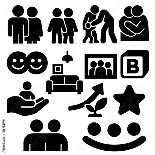 Brutalist Family Icons. Family Moments Pack silhouette icon set: parent pair, sibling duo, baby steps, warm embrace, shared laughter mark, living room scene icon, family frame, toy