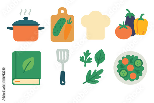 Vegan Cooking Essentials. Vegan Cooking flat icons set. saucepan, cutting board, chef hat, vegetables, recipe book, spatula, herbs, plate of salad