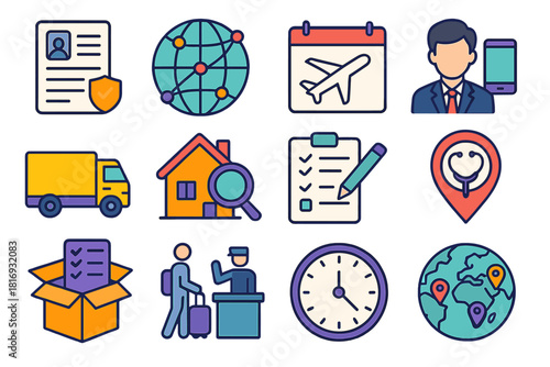Global Relocation Icons. Worldwide Relocation Process flat icon set: visa application, global network node, travel itinerary, mobile professional icon, relocation van, housing