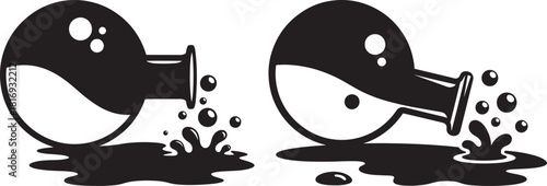 Two cartoon flasks spilling liquid silhouette