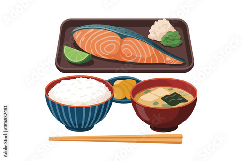 Delicious japanese salmon meal with rice and miso soup