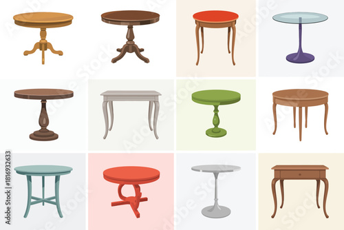 Collection of twelve antique and modern accent tables in various styles and colors