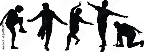 Silhouettes of active people performing dynamic expressive movements, showcasing creativity, motion, energy, and artistic body gesture variation