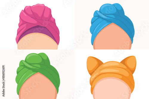 Four colorful hair towels and a cute cat ear towel for drying hair