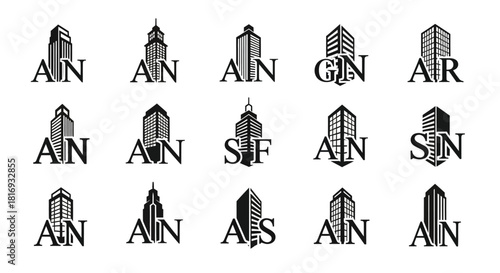 Varied architectural icons creating a modern feel, featuring letter integrations with striking