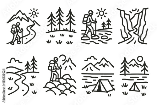 Nature Exploration Icons. Outdoor exploration scenes linear icon set: mountain trail, forest clearing, river crossing, canyon pass, meadow path, rocky ridge, lakeside view