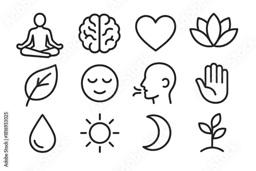 Mind-Body Icon Set. Mind-Body Connection linear icon set: yoga pose, brain, heart, lotus flower, leaf, breathing symbol, calm face, hand, water drop, sun, moon, plant