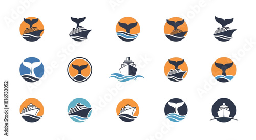 Nautical themed logo designs featuring ships and whale tails embodying maritime exploration and