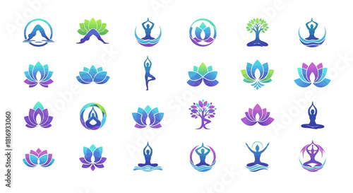 Collection of holistic yoga and wellness symbols combining lotus flowers and asana postures