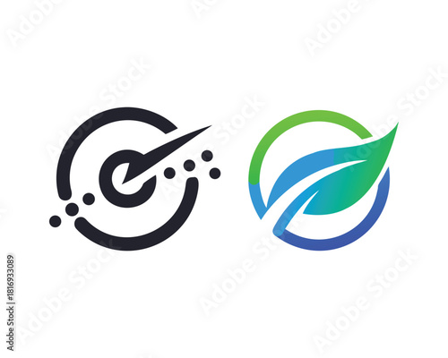 Two circular logos are displayed side-by-side. One is a black abstract target with dots, the other a green and blue leaf within a circle