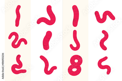 Collection of stylized red worms in various curved and wavy shapes