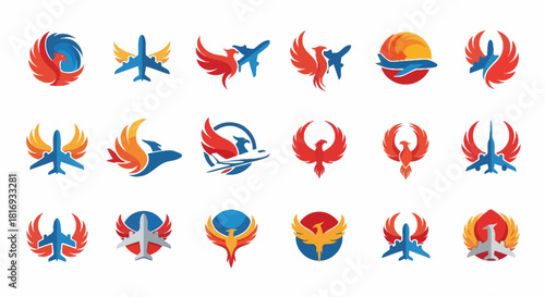 Collection of creative logo designs combining airplanes and mythical phoenix birds