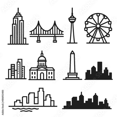 Modern Skyline Icons. Modern Skylines linear icon set: skyscraper, bridge, observation tower, ferris wheel, waterfront, city hall, monument, skyline silhouette