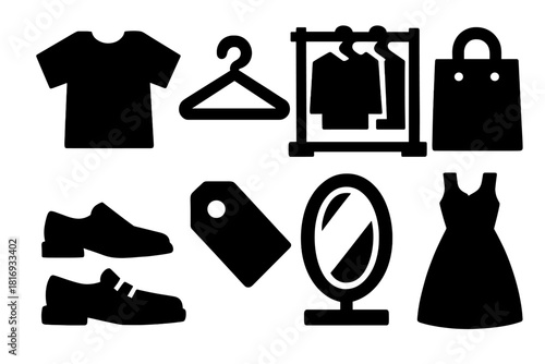 Brutalist Fashion Icons. Clothing Store Collection silhouette icon set. shirt, hanger, rack, bag, shoes, tag, mirror, dress.