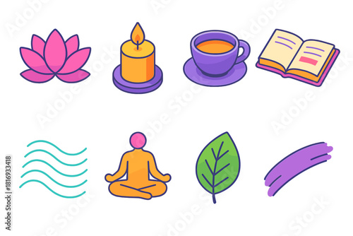 Mindful Icon Set. Mindful Creativity flat icon set: lotus flower, candle, cup of tea, open journal, flowing lines, meditating figure, nature leaf, brushstroke