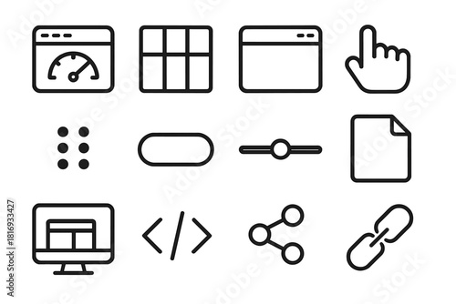 UI Design Icons. UI portfolio linear icon set: dashboard, layout grid, window tab, hover cursor, drag icon, button, slider, template, responsive screen, code brackets, share icon