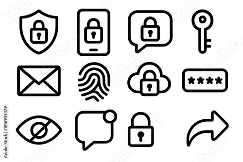 Secure Communication Icons. Secure Messaging linear icon set. shield, lock icon, smartphone, encrypted bubble, key symbol, closed envelope, fingerprint, cloud with lock, password