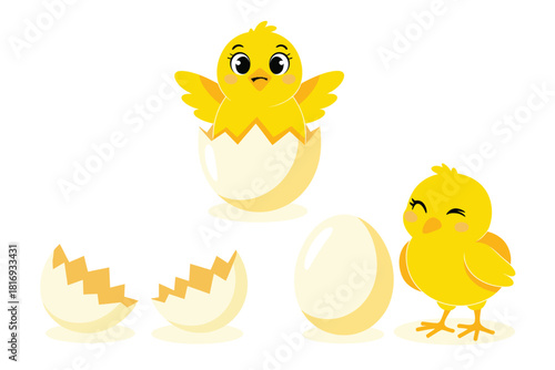 Cute cartoon chicks hatching from eggs celebrating easter and spring