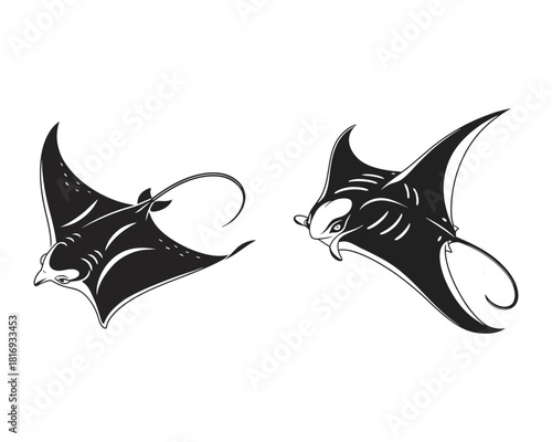 A black and white illustration of two majestic manta rays with flowing tails, depicted in a dynamic, underwater scene