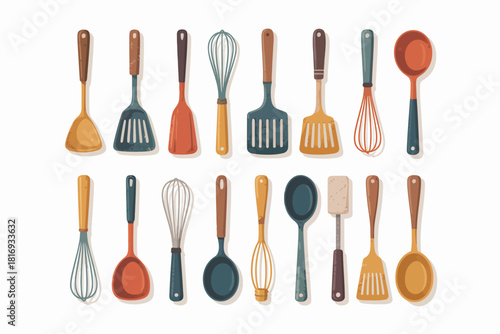 Collection of colorful kitchen utensils and cooking tools