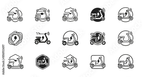 Electric scooter icon set representing modern transportation and eco friendly options for delivery