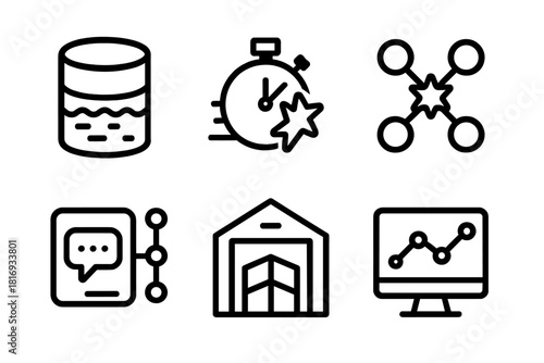 Big Data Pipeline Icons. Big Data Pipeline linear icon set. data lake, batch processor, spark cluster, message queue, warehouse target, dashboard view.