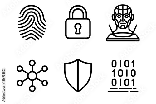 Cyber Identity Icons. Cyber Identity linear icon set: fingerprint, lock, hologram head, network lines, shield, data stream