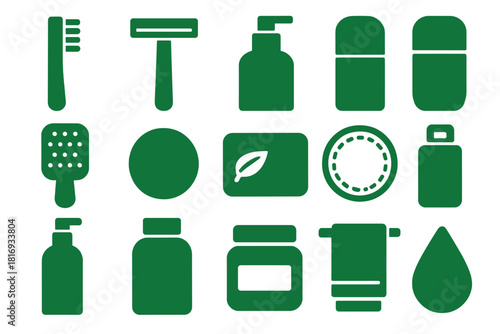 Eco-Friendly Icon Set. Green personal care silhouette icon set: bamboo toothbrush, safety razor, refill bottle, deodorant stick, hairbrush, cotton pad, organic soap, reusable